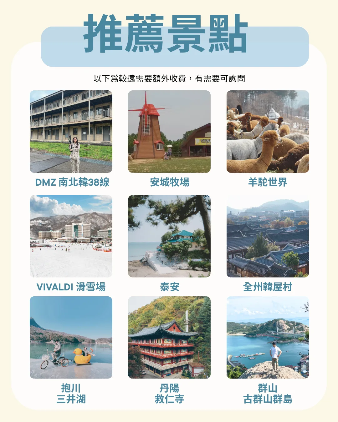 推薦景點：較遠地區（需額外收費）：DMZ、滑雪場、全州韓屋村等